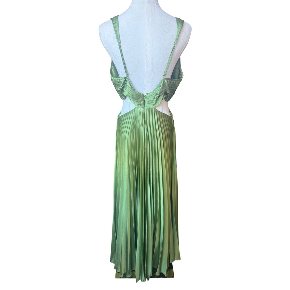 Abercrombie & Fitch Pleated Green Cut Out Maxi Dress Sz L Deep V Satin Goddess - Picture 5 of 8